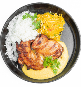 Grilled chicken with mango coleslaw and corn sauce