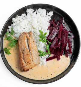 Grilled cod with beets and creamy mustard sauce